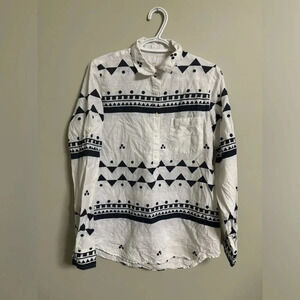 J. Crew Factory 100 % Linen Collared Geometric Long Roll Sleeve Top Size Medium